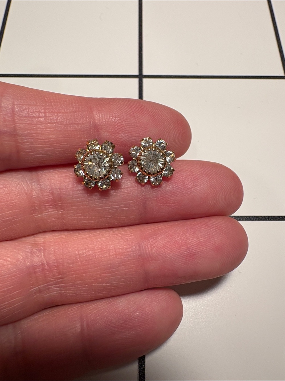 Vintage Gold-Tone Clear Crystal Floral Stud Earrings